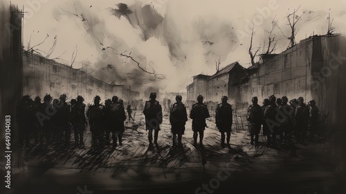 Dark WWII prison camp with prisoners as silhouettes illustration (1939-1945)