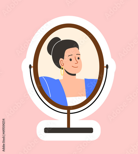 Woman in mirror sticker concept. Young girl at reflection. Self acceptance and confidence. Positivity and optimism. Cartoon flat vector illustration isolated on pink background