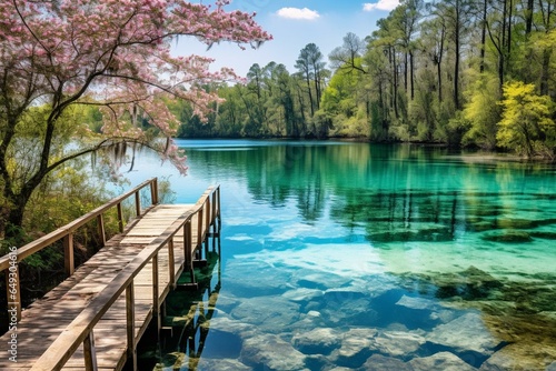 A picturesque spring in Ocala National Forest, FL, featuring clear turquoise water and a charming wooden bridge, located north of Orlando. Generative AI photo