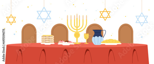 Traditional jewish table concept. Delicious and festive meals, Menorah. Hannah Torah celebrate and holiday. Poster or banner for website. Dessert and delicacy. Cartoon flat vector illustration