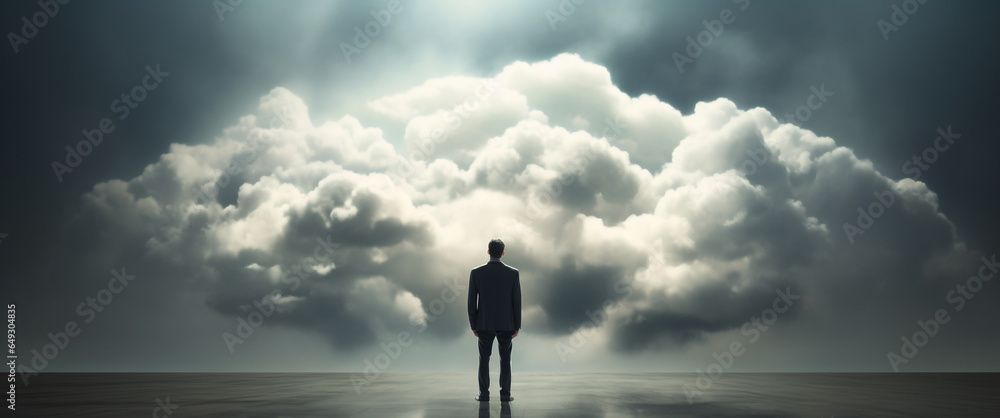 Young businessman standing facing clouds of ambiguity - obrazy, fototapety, plakaty 