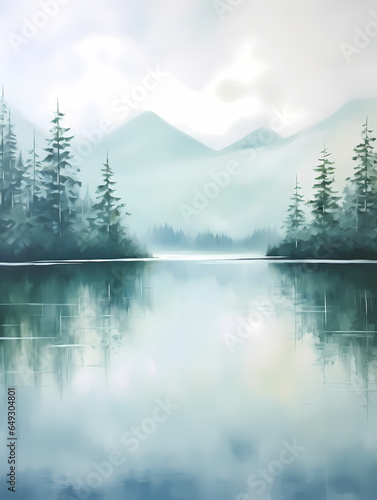Painting Of A Lake With Trees And Mountains In The Background