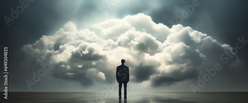 Young businessman standing facing clouds of ambiguity photo