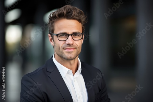 A businessman posing for a portrait in a suit and glasses