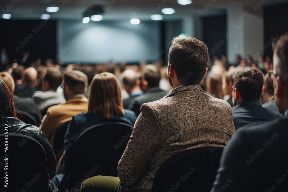 A crowded audience watching a projection screen