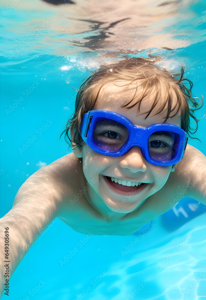 Fototapeta premium little child happy in swimming pool, school boy enjoy and smiling in underwater, kid swimming, teenage boy enjoy his life
