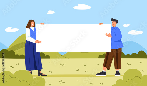 People with blank placard concept. Space for text and presentation. Advertising and marketing. Young guy and girl at rally or protest. Activists and volunteers. Cartoon flat vector illustration