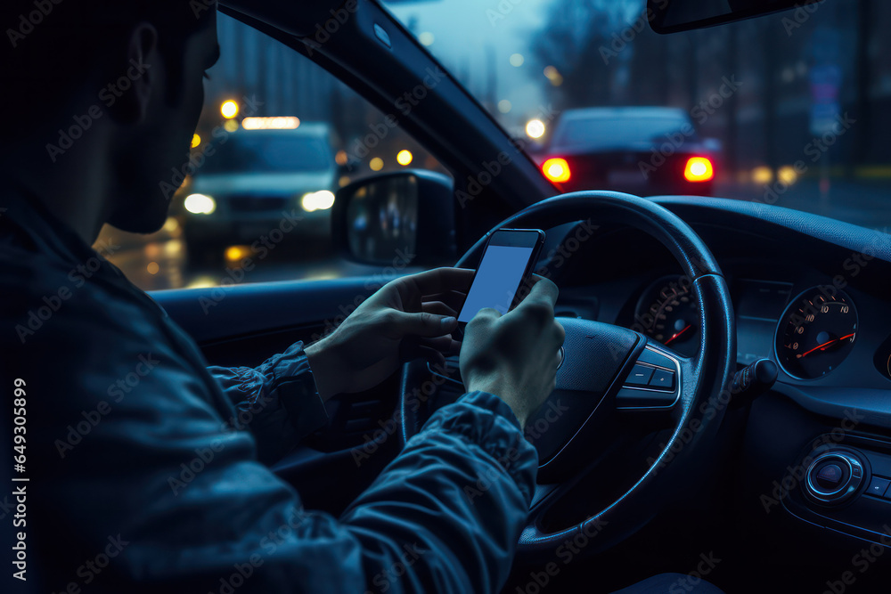 Reckless Behavior: Man Risks Safety by Using Smartphone While Driving, Ignoring the Dangers Ahead - obrazy, fototapety, plakaty 