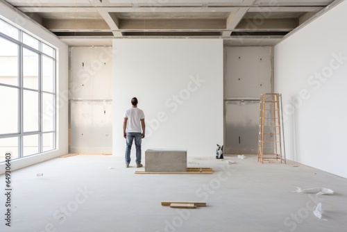 Constractor in an empty room under construction, home renovation services concept photo