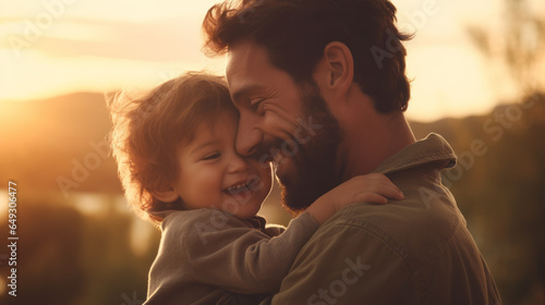 Man holding a small child in his arms with love , fatherhood and bonding concept , father parenthood