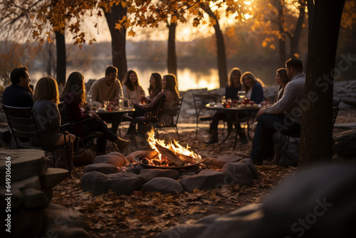 A picturesque scene of guests wrapped in blankets, gathered around an outdoor fire pit, enjoying Thanksgiving desserts and the warmth of camaraderie, Thanksgiving, Thanksgiving din photo