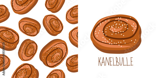 Traditional Swedish sweets. Kanelbulle roll, cinnamon bun. Traditional sweet bun from Scandinavia and the Baltic countries. Seamless pattern. Vector Illustration. For menu, sign, banner, poster.