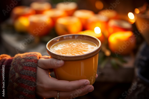 Close-up of a steaming cup of hot apple cider, held by a guest at an outdoor Thanksgiving gathering, capturing the essence of warmth and comfort, Thanksgiving, Thanksgiving dinner