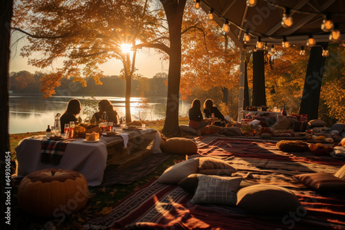 A scenic view of an outdoor Thanksgiving picnic, with guests seated on blankets and cushions, savoring a harvest-inspired meal surrounded by autumn leaves, Thanksgiving, Thanksgivi photo