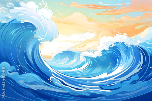 Sunny Ocean Waves and Happy Splashes A Kid's Cartoon Transparent Ocean Wave in Bright Yellow. Perfect Banner Header for Travel Graphics, with Blue Skies, Ocean Waves, and Splashing Water. A Digital P