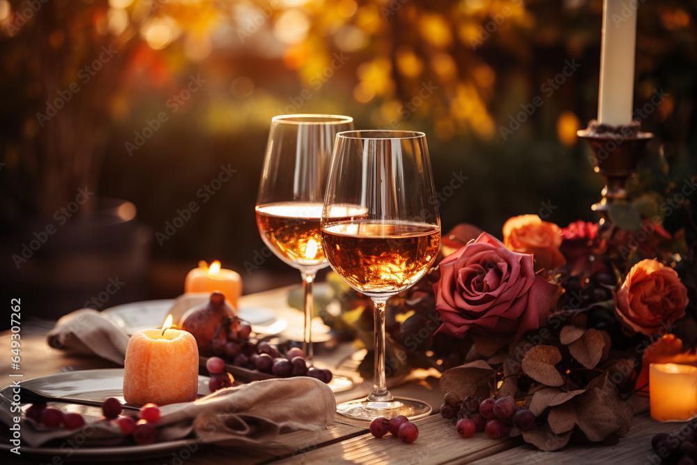 Close-up of a beautifully arranged outdoor table setting with elegant fall-themed decor, capturing the essence of a festive and cozy Thanksgiving dinner, Thanksgiving, Thanksgiving