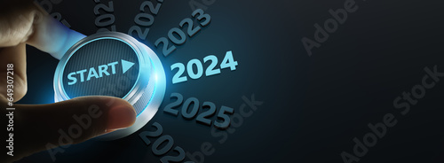happy new year 2024,Finger about to twist the start button 2024 with the text 2023,2024,2025 and start on twist button.Concept of planning,start,career path,business strategy,opportunity and change
