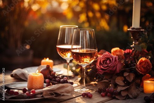 Close-up of a beautifully arranged outdoor table setting with elegant fall-themed decor  capturing the essence of a festive and cozy Thanksgiving dinner  Thanksgiving  Thanksgiving