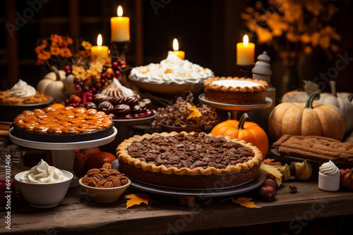 An appetizing image of a table filled with an assortment of Thanksgiving desserts, including pies, cakes, and cookies, ready to satisfy everyone's sweet tooth, Thanksgiving, Thanks