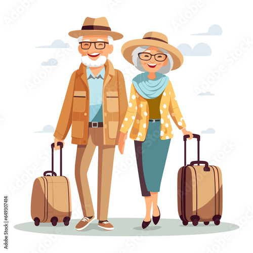 Elderly couple spends time outdoors.Vector illustration of cartoon happy senior man and woman exploring sightseeing. Isolated on background