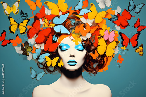 Surreal Pop Art Collage: A Portrait of a Woman Adorned with Butterflies in Her Hair - An Abstract and Whimsical Photo © Asiri