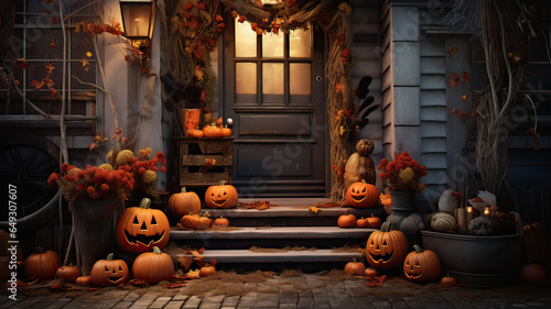 Front of a humble house decorated with pumpkins and Halloween elements. Generative AI.