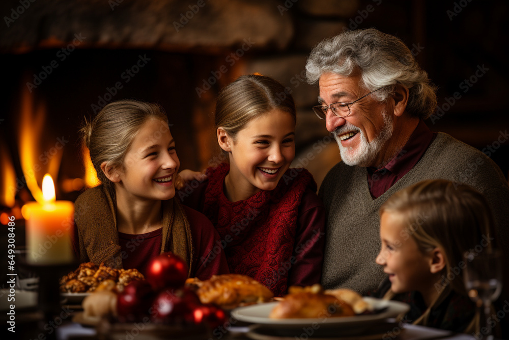 A heartwarming image of grandparents and grandchildren seated together, sharing stories of Thanksgiving celebrations from years gone by, Thanksgiving, Thanksgiving dinner