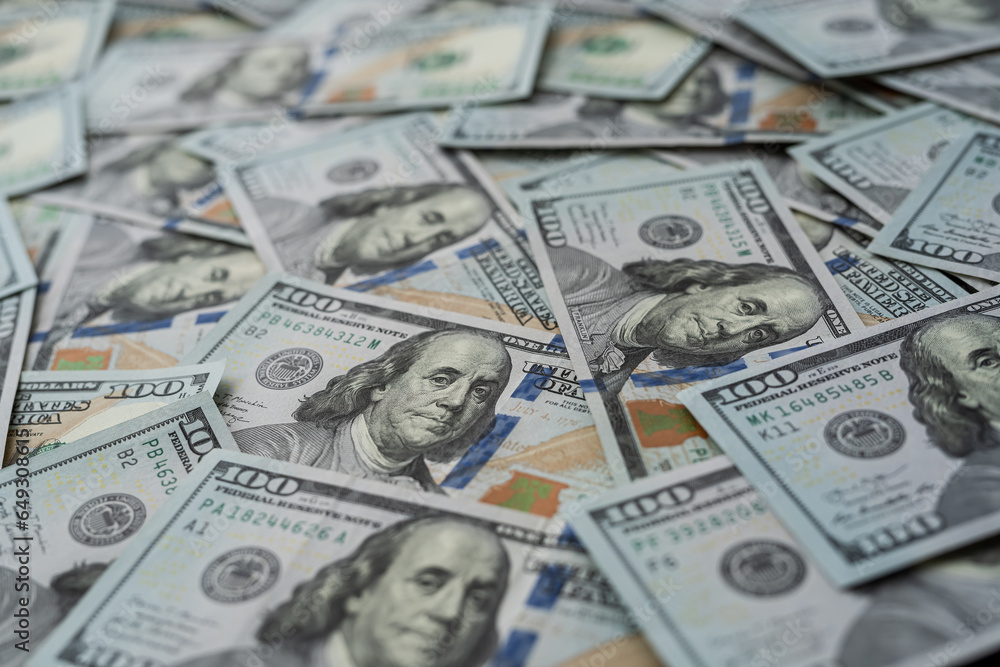 Finance background of new 100 dollar bills, pile of money. Us banknote Finance background of new 100 dollar bills, pile of money. Us banknote