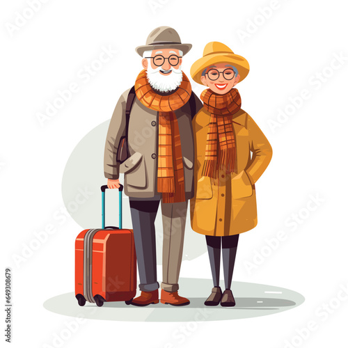Elderly couple spends time outdoors.Vector illustration of cartoon happy senior man and woman exploring sightseeing. Isolated on background