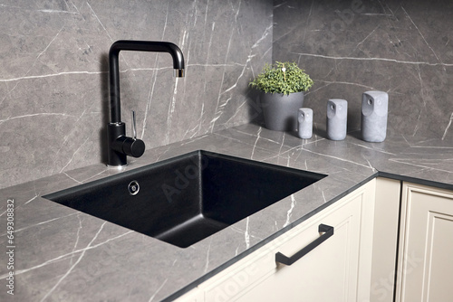 Fotografie Single handle water kitchen 2 in 1 faucet built in compact high pressure laminate HPL countertop