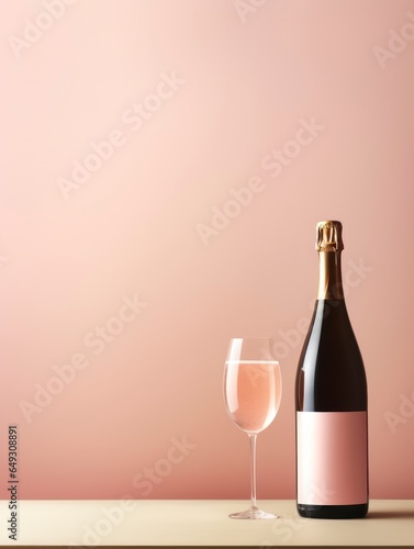 3d render image illustration champagne bottle mock up with glass isolated on colorful background photo