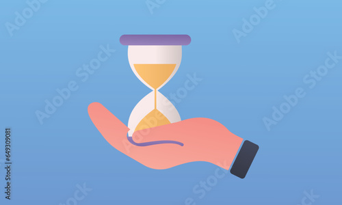 Human hand holds old style hourglass clocks with sand. Time management.on blue background.Vector Design Illustration.