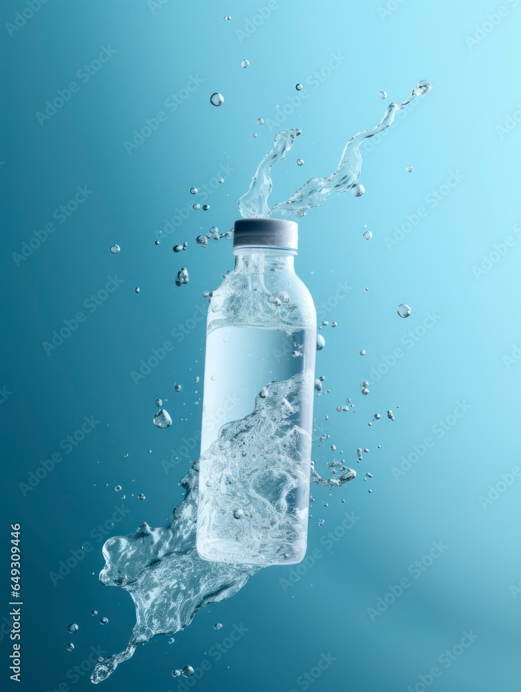 Mockup of custom water bottle with splashes 3D style blank label Mockup of custom water bottle with splashes 3D style blank label