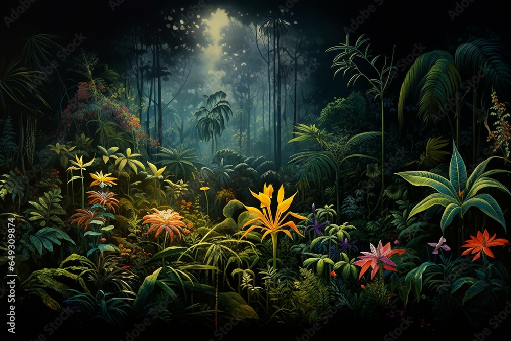 A painting of a dense jungle with vibrant plants, towering trees, and a solitary leaf against a dark sky. Generative AI