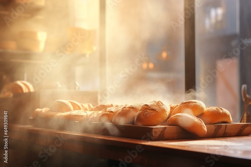 Background of a bakery with a hazy effect and bread on table in the front. Generative AI
