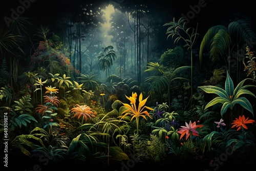 A painting of a dense jungle with vibrant plants  towering trees  and a solitary leaf against a dark sky. Generative AI