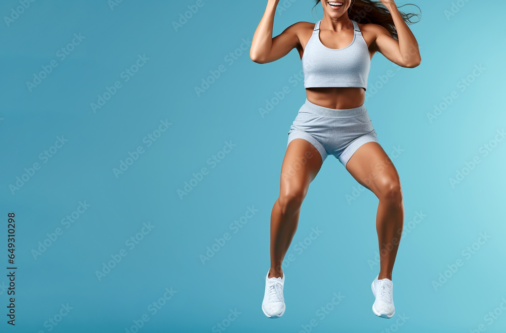 female athlete jumping in studio on blue background. Generative Ai female athlete jumping in studio on blue background. Generative Ai