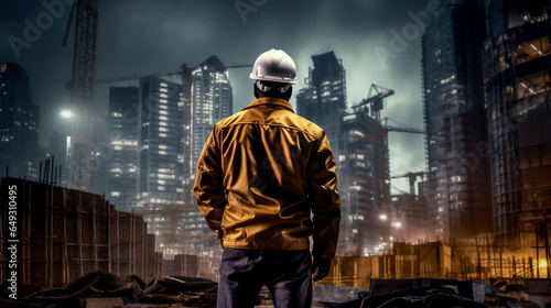 worker inspects construction site at night. Generative Ai