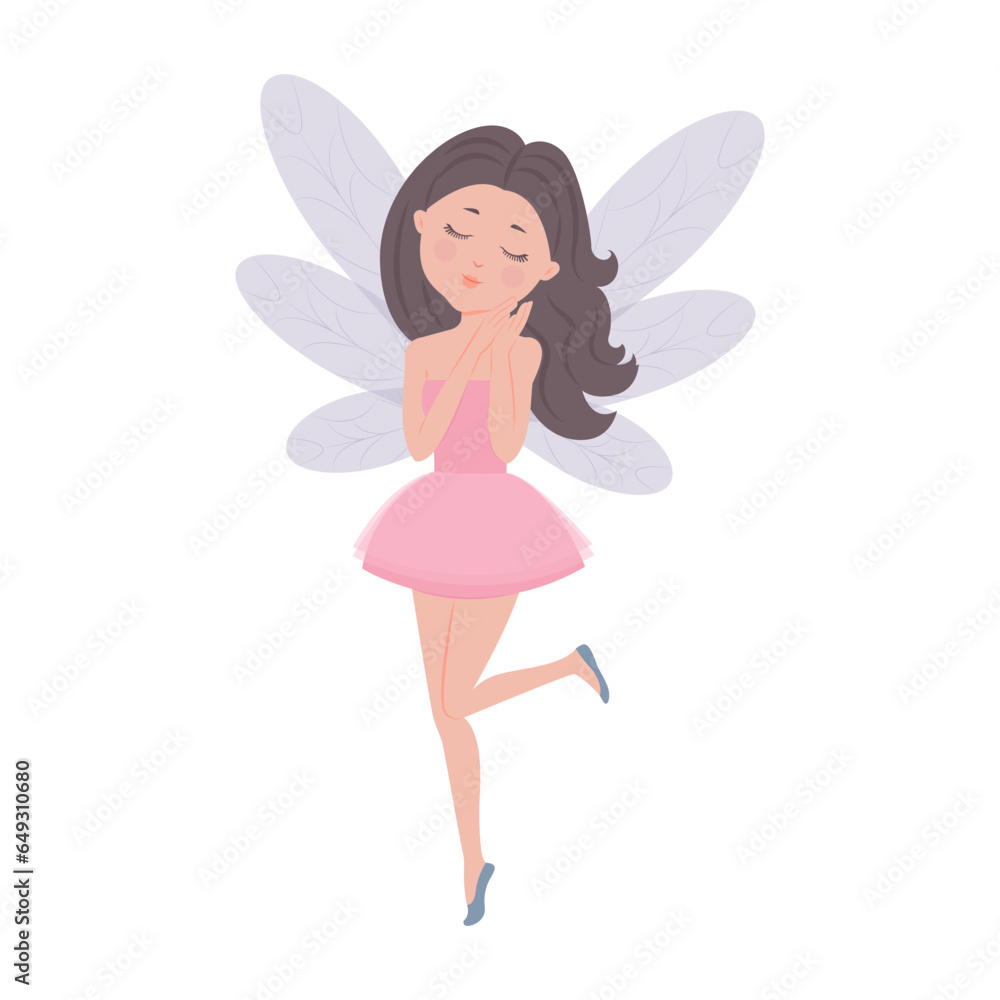 Little fragile fairy, girl with wings, Vector simple children's illustration in flat style.Cute fairy tale character. Little fragile fairy, girl with wings, Vector simple children's illustration in flat style.Cute fairy tale character.