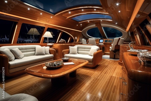 Sleek yacht interior adorned with elegant wood furniture and lighting. Generative AI
