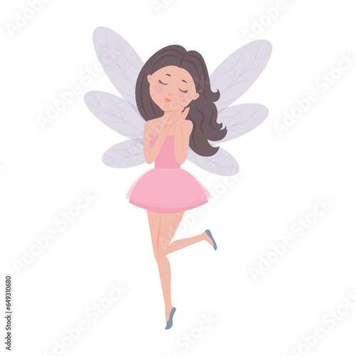 Little fragile fairy, girl with wings, Vector simple children's illustration in flat style.Cute fairy tale character.