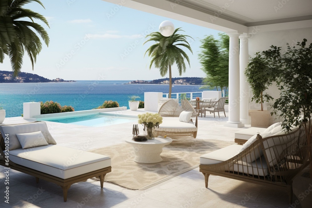3D rendered terrace with outdoor pool, marble floor, rattan furniture, bright sunlight, and sea view. Generative AI