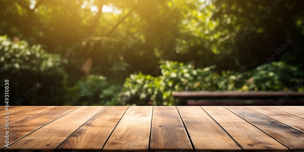Empty wooden table in summer backyard