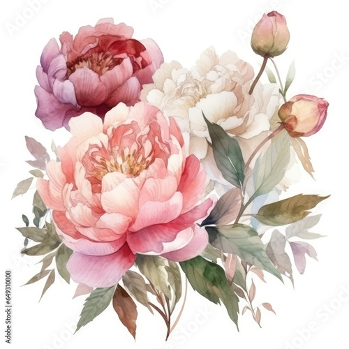 watercolor painted pink peony flower with leaves and butones composicion for floral design on white background photo