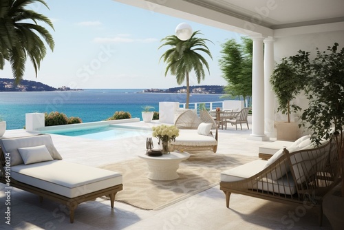 3D rendered terrace with outdoor pool, marble floor, rattan furniture, bright sunlight, and sea view. Generative AI © Iolanthe