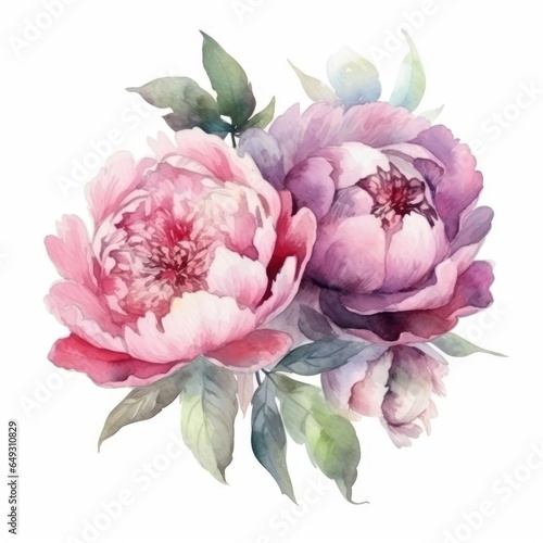 watercolor painted pink peony flower with leaves and butones composicion for floral design on white background photo