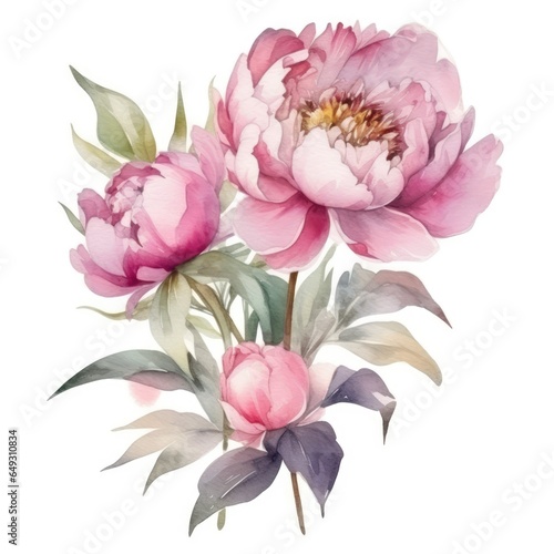 watercolor painted pink peony flower with leaves and butones composicion for floral design on white background