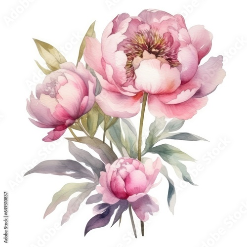 watercolor painted pink peony flower with leaves and butones composicion for floral design on white background