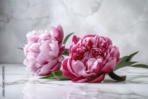 pink peonies flower with leaves and butones on marble background photo