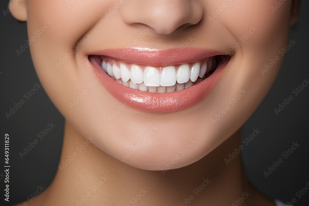 Obraz premium Beautiful female smile after teeth whitening procedure. Dental care. The concept of dentistry. Beauty. Close-up, Macro